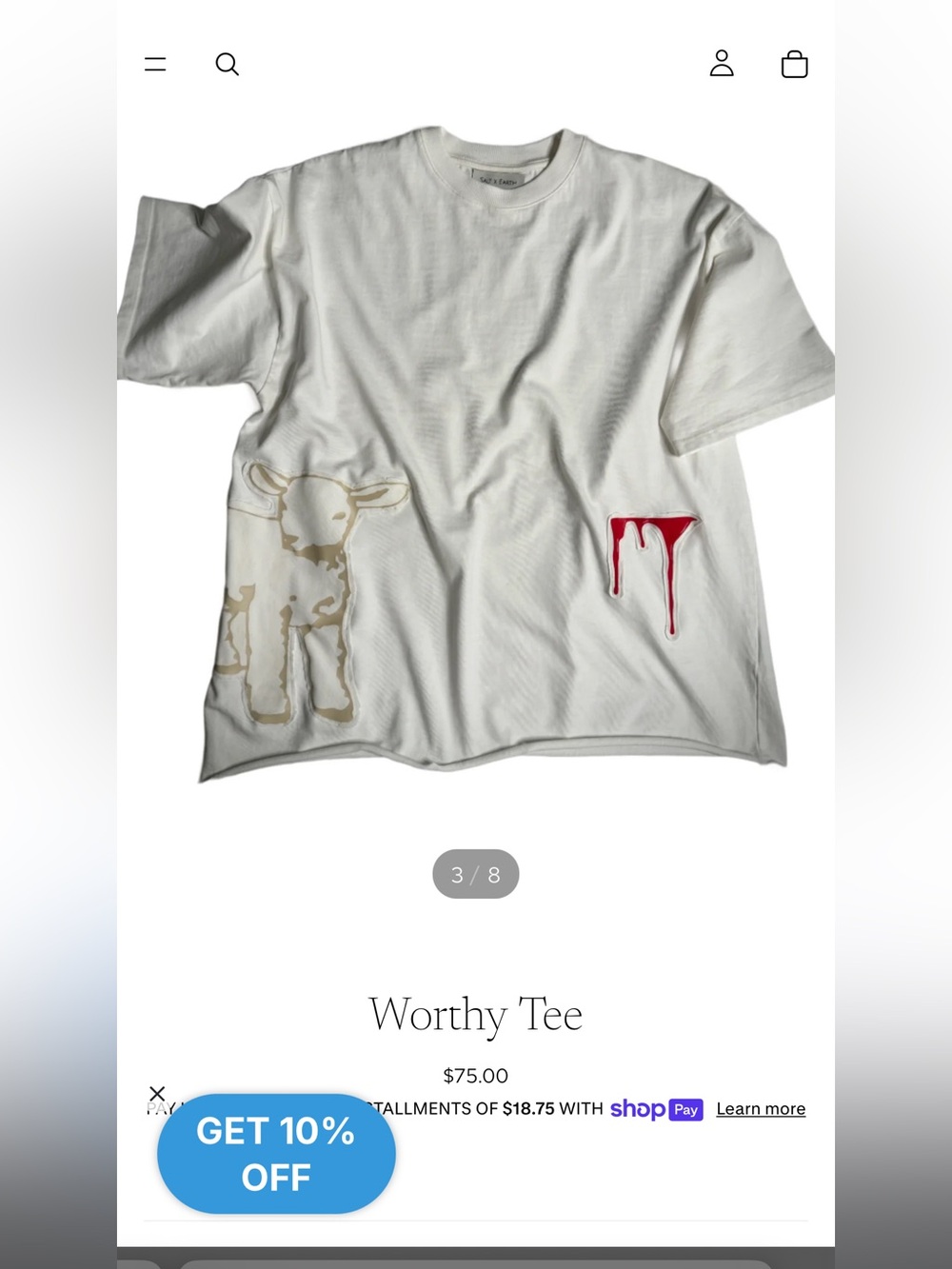 Salt x Earth Worthy T-Shirt Boxy Fit Distressed Organic Cotton Cream L Lamb